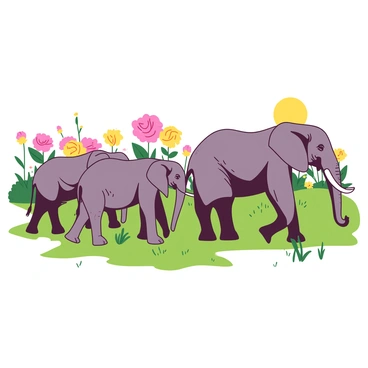 A line of elephants, each with a textured gray skin and large ears, is walking in unison through a sprawling savannah. The elephants are moving gracefully, their trunks gently swaying as they walk. In the background, there are numerous colorful flowers, including large blooms in shades of pink and yellow, creating a vivid contrast against the green grass. The sun is shining brightly, and the sky is clear, enhancing the beauty of the scene. The elephants appear calm and majestic as they traverse this lively landscape.