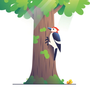 A woodpecker with a bright red head and black and white feathers is busily tapping away on the trunk of a tall, brown tree. The tree has rough, textured bark with deep grooves and patches of green moss. Sunlight filters through the lush green leaves above, casting dappled light on the woodpecker. In the foreground, a few fallen leaves are scattered on the ground, adding to the natural setting. The woodpecker is positioned near the center of the trunk, with its beak making contact with the wood, creating small chips that fall away.