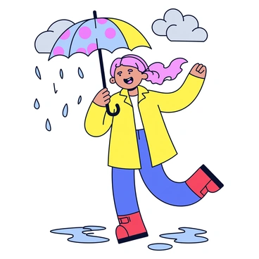 A girl holding a colorful umbrella with a pattern of bright polka dots. She is wearing a yellow raincoat and has red rain boots. The girl is mid-dance, with her arms raised and her hair flowing freely. Rain is falling around her, creating small splashes on the ground. She has a big smile on her face, expressing joy. The background is a simple depiction of puddles and gray clouds.
