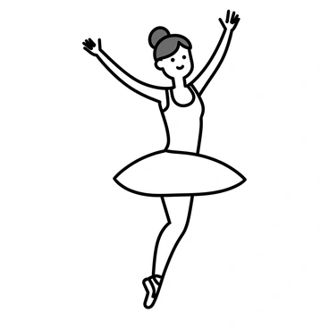A ballet dancer in a white tutu, mid-air with her arms gracefully extended and legs elegantly positioned. She has her hair in a neat bun, and her face shows focus and determination. The stage has a simple design, with soft lighting that highlights her form. The dancer's toes are pointed, and her ballet shoes are clearly visible.