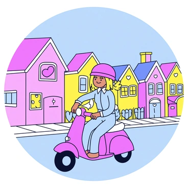 A Barbie doll with blonde hair is riding a bright pink scooter. She is wearing a stylish outfit with a matching helmet. The street is lined with houses in various candy-colored shades, including pastel pink, blue, and yellow. Each house has a whimsical design with playful details, like heart-shaped windows and picket fences. The scene is illuminated by a clear blue sky, adding to the cheerful atmosphere.