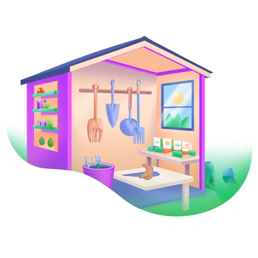 A clean garden shed with wooden walls and a slanted roof, featuring neatly hung gardening tools such as a shovel, rake, and watering can. The tools are organized on a pegboard, each with its own designated space. Shelves filled with labeled seed packets are visible, showcasing various types of seeds in colorful packaging. A small workbench in the corner holds a pair of gloves and a trowel, adding to the orderly atmosphere of the shed. Bright sunlight streams through the window, illuminating the interior.