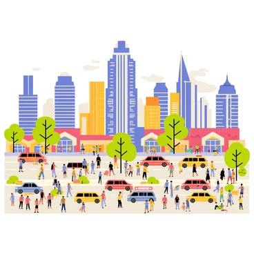 A vibrant African cityscape featuring tall skyscrapers with a mix of modern and traditional architectural elements. The skyline is dotted with buildings in various colors, showcasing a lively atmosphere. Below, busy streets are filled with people of diverse backgrounds walking and interacting. Numerous colorful cars and buses navigate through the bustling roads. Street vendors with bright stalls offer various goods, adding to the lively scene. Trees and greenery are integrated along the sidewalks, providing a splash of color amidst the urban environment.