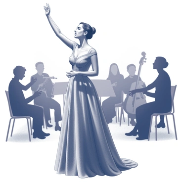 An opera singer stands on stage, dressed in an elegant costume that enhances their presence. The singer is positioned in a dramatic pose, one hand raised above their head while the other clutches the fabric of their attire. The diaphragm is visibly engaged, showcasing the physical effort of projecting their voice. Bright stage lights illuminate the singer, casting shadows that emphasize the curves of their body and the expression on their face. The background features a blurred out ensemble of musicians ready to accompany the performance, adding to the theatrical atmosphere.
