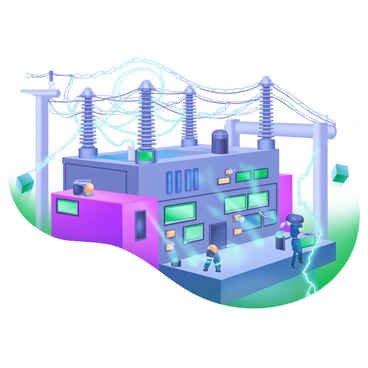 A busy transformer station filled with various electrical equipment. Glowing cables run along the structure, illuminating the surroundings with a bright, electric blue hue. The station is bustling with activity, including several technicians wearing safety gear, monitoring displays and adjusting controls. Buzzing electricity is visible, represented by faint arcs of light connecting different components. The atmosphere captures the dynamic energy of the station, highlighting its complex machinery and intricate wiring.