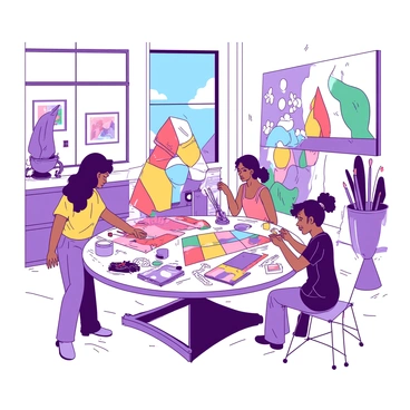 A group of individuals of various genders is collaborating on a large art installation in a spacious studio. There are three people positioned around a circular table covered with an array of art supplies, including brushes, paint, and fabric. One person is painting a large canvas with vibrant colors, while another is assembling a sculpture made of recycled materials. The third person is sketching ideas on a notepad. The walls of the studio are adorned with previous artworks and colorful murals, creating an inspiring and creative atmosphere. Natural light is streaming through large windows, illuminating the workspace and reflecting off the polished wooden floor.