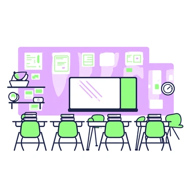 A classroom is arranged for an upcoming lesson. The walls are adorned with educational posters and a whiteboard is mounted at the front, displaying a lesson outline. Desks are neatly arranged in rows, with green chairs positioned in front of each one. On each desk, there are stacks of books, waiting to be opened by students. A globe sits on a shelf in the corner, and a clock on the wall shows the time. Sunlight streams through the windows, illuminating the space and creating a warm atmosphere in the room.