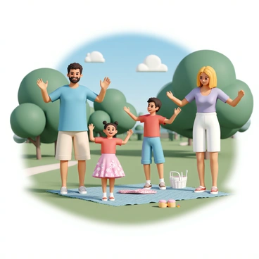 A family of four is in a lush green park, enjoying a sunny picnic day. The father, wearing a blue t-shirt and khaki shorts, is demonstrating arm circles with a smile. The mother, dressed in a light purple tank top and white capris, is following his lead, laughing as she participates. Their young son, wearing a red t-shirt and denim shorts, is enthusiastically mimicking the arm circles, while their daughter, in a bright pink dress with floral patterns, playfully joins in. A picnic blanket with a picnic basket and some snacks is spread out on the grass nearby. Trees provide a beautiful backdrop, with a clear blue sky above.