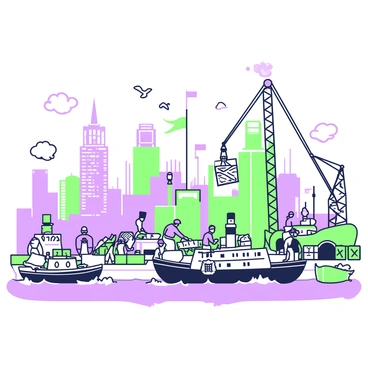A bustling 1800s New York City harbor filled with steamboats and dock workers. In the foreground, several steamboats are docked, with their paddle wheels visible, creating splashes of water. Dock workers are engaged in various activities, some unloading cargo from the boats while others move crates and barrels. A large crane is positioned to the side, lifting a crate high above the dock. The background features tall buildings that represent the architecture of the time, with flags waving from their rooftops. In the sky above, seagulls soar, and the hustle and bustle of the harbor is captured in the movement of both people and vessels.