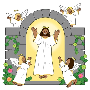 A dramatic scene featuring "Jesus rising from a stone tomb", His figure glowing with radiant light. He has a peaceful expression on His face and is dressed in a flowing white robe that appears to shimmer. Surrounding Him are "three angels with delicate wings", each adorned in white robes and holding small golden trumpets. The first angel on the left is smiling broadly, the second angel on the right has a gentle gaze, and the third angel is hovering above, with arms raised in celebration. The background shows a soft, bright light illuminating the area, and the entrance of the tomb is framed by lush green vines and colorful flowers blooming around it.