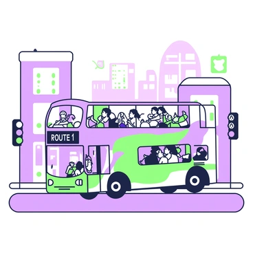 A double-decker bus is moving along a city street at dawn. The bus is prominently displaying its "route number" on the front. On the upper deck, several passengers are seated by the windows, some looking out at the early morning cityscape. Below, a few passengers are standing, holding onto the railings. The street is lined with buildings, and a faint glow of the rising sun can be seen in the background, reflecting off the bus windows. A traffic light is visible ahead, indicating that the bus is about to stop.