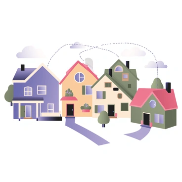A digital flat illustration depicting a neighborhood with several houses. The houses are varied in design and color, including a blue house with a white porch, a yellow house with a red roof, and a green house with a flower garden. Each house is connected by thin, invisible lines that represent community ties, subtly illustrated as dotted lines. There are also trees scattered throughout the neighborhood, and each house has distinctive features such as chimneys, mailboxes, and front yards. The sky is clear and blue, providing a bright backdrop for the scene.
