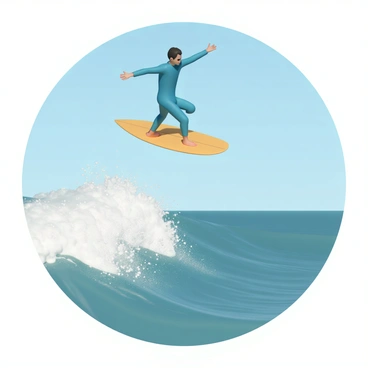 A surfer, wearing a bright blue wetsuit and a yellow surfboard, is soaring above a large wave. The surfer is mid-air, with arms outstretched, showcasing an athletic stance. Below, the ocean is churning with foamy white splashes, creating a dynamic scene. The sunlight glints off the water, highlighting the droplets as they scatter around. In the background, a clear blue sky complements the vibrant ocean colors.