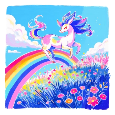 A Suicune, a majestic blue and white Pokémon, is gracefully leaping over a vibrant rainbow that arcs across a clear blue sky. Its long, flowing mane streams behind it, shimmering with shades of blue and purple. Below, green grass and blooming flowers create a lush landscape. The sunlight catches the colors of the rainbow, creating a bright and colorful scene.