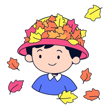 A child's head wearing a whimsical leafy hat made from various autumn leaves. The hat is round and sits snugly on the child's head, showcasing shades of orange, red, and yellow. Each leaf is intricately woven together, creating a vibrant, organic pattern. The child has a playful expression, with bright eyes and a slight smile, as they stand outdoors surrounded by more colorful falling leaves.
