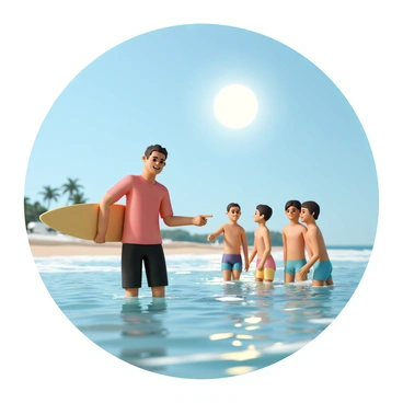 A surfing coach, wearing a bright red rash guard and black board shorts, stands in shallow water, demonstrating proper paddling technique to a small group of beginners. The coach, with a sun-kissed tan and a friendly smile, holds a surfboard under one arm while pointing towards the waves. The beginners, wearing colorful swim trunks and wetsuits, look eager and attentive. The sun shines brightly in a clear blue sky, casting shimmering reflections on the water. In the background, waves crash softly against the shore, and a sandy beach with a few palm trees can be seen.