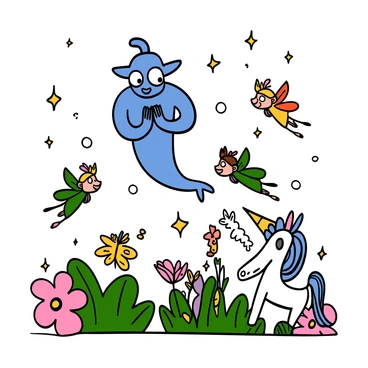 A genie with light blue skin and large, expressive eyes is floating in the air, surrounded by various whimsical creatures. There are small, colorful fairies with shimmering wings flitting around the genie, each wearing tiny dresses made of leaves and flowers. A majestic unicorn with a sparkling white coat and a golden horn stands nearby, looking curiously at the genie. The scene is filled with vibrant plants and flowers, and there are twinkling lights floating in the air, creating a sense of magic and wonder in this enchanting realm.