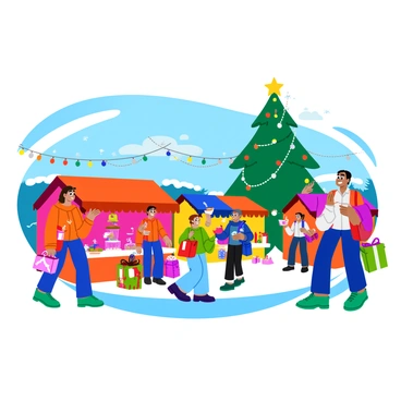 A group of people wandering through a festive Christmas market filled with colorful stalls. Each stall displays a variety of holiday decorations, handmade crafts, and seasonal treats. Twinkling fairy lights hang above, creating a warm and inviting atmosphere. Some people are carrying shopping bags filled with gifts, while others hold cups of steaming hot cocoa. Snowflakes gently fall from the sky, adding to the winter charm of the scene. The background features a large Christmas tree adorned with sparkling ornaments and a bright star on top.