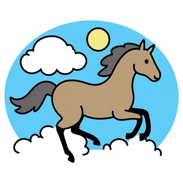 A brown horse with a flowing mane is galloping through fluffy white clouds. The horse's legs are extended in mid-stride, showcasing its powerful motion. The clouds are soft and billowy, surrounding the horse as it moves. The background is a bright blue sky, highlighting the contrast between the horse and the clouds. The sun's rays cast a gentle light on the scene, adding a sense of warmth.