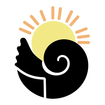 A conch shell silhouette, showcasing its distinctive spiral shape, is prominently placed in the foreground. The background features a bright sunrise, with vibrant orange and yellow hues radiating across the sky. The sun is partially visible on the horizon, casting light that outlines the edges of the conch shell. The scene captures the contrast between the dark shell and the colorful morning sky.