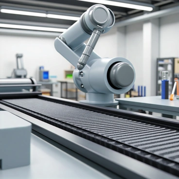 A robotic arm with a sleek metallic finish and intricate joints is positioned just above a conveyor belt. The arm is equipped with a precision gripper, which is gently holding a small electronic component. The conveyor belt is moving steadily, made of a textured rubber surface with a dark color. Surrounding the scene, there are several small parts and tools organized neatly on a nearby workbench. The environment is a well-lit industrial setting, with overhead lights illuminating the workspace clearly.