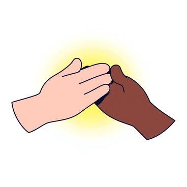 Two diverse hands are clasped together, one with a light skin tone and the other with a dark skin tone. The hands are positioned centrally in the image, creating a sense of unity. Surrounding the clasped hands is a soft, warm glow that emanates from the point of contact, highlighting their connection. The fingers are gently intertwined, displaying a gesture of solidarity and harmony.