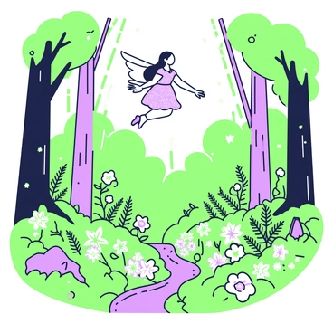 A magical scene unfolds in a forest filled with tall trees and dense foliage. In the center, a fairy with delicate wings is gracefully flying above the treetops. The fairy has long flowing hair and wears a shimmering dress that seems to blend with the surroundings. Below her, the forest is vibrant with various plants, ferns, and flowers in full bloom. Sunlight filters through the leaves, casting soft shadows on the forest floor. A small stream can be seen winding through the trees, adding to the enchanting atmosphere. The overall composition conveys a sense of wonder and fantasy.