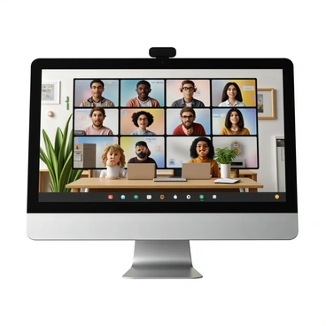 A computer screen displaying a virtual meeting interface. The screen is filled with rectangular boxes showing a diverse group of participants, including individuals with varying skin tones and hairstyles. Each participant is attentively looking at the camera, with some smiling and others engaged in discussion. The background of the screen shows colorful digital elements representing connectivity, like chat bubbles and icons. The setting around the computer features a cozy home office with a desk and a plant, creating a warm atmosphere.