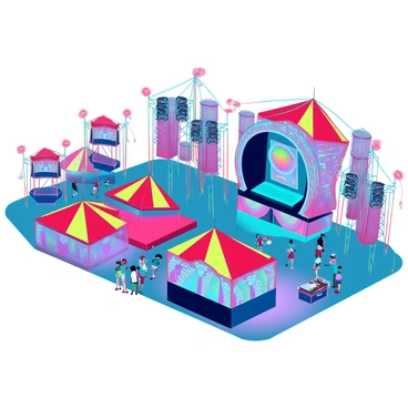 A vibrant outdoor music festival scene featuring numerous colorful tents in various shapes and sizes. Each tent displays bright patterns and hues, including reds, blues, yellows, and greens. Stages are arranged throughout the area, each equipped with massive sound systems and dynamic lighting. A large main stage is adorned with colorful banners and illuminated with vibrant lights, while smaller stages have their own unique themes and setups. The ground is lively with festival-goers dressed in casual summer attire, enjoying the atmosphere and interacting with one another. Colorful decorations hang between the tents, and food stands can be seen offering various treats, contributing to the festive mood.