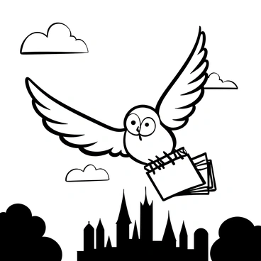An owl in mid-flight carrying a stack of letters clamped in its beak. The owl's wings are spread wide, showing intricate feather details. In the background, the silhouette of Hogwarts Castle stands prominently against the horizon. The castle's towers and turrets are outlined against a faint glow of dawn, with soft, wispy clouds scattered in the sky. Below, there are treetops framing the bottom of the image, adding depth to the scene.