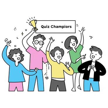 A group of five people, with diverse appearances, standing together in a tight circle. They are all smiling broadly and raising their arms in excitement. One person, a woman with curly hair wearing a blue shirt, is holding a trophy high above her head. Another person, a man with glasses and a red t-shirt, is clapping and looking at the camera. A young woman with long straight hair is jumping in joy, wearing a green dress. Beside her, a man in a black jacket is giving a thumbs-up, and another woman with short hair in a yellow sweater is laughing. The background shows a banner that reads "Quiz Champions."
