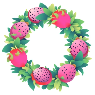 A decorative wreath is composed entirely of vibrant dragon fruits, showcasing their bright pink skin and green scales. The dragon fruits are interspersed with lush green foliage, including various types of leaves that add depth and texture to the wreath. The arrangement is circular, with the dragon fruits positioned prominently along the outer edge while the green leaves create a rich background that enhances the colorful fruits. The composition captures the natural beauty of the fruits and foliage, forming an eye-catching display.