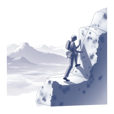 A climber is ascending a rugged rocky cliff. The climber is wearing a helmet and harness, with climbing gear attached to their waist. The fingers are gripping the rough surfaces of the rocks, while one foot is positioned on a ledge for support. In the background, a vast landscape unfolds, showcasing distant mountains and valleys. The scene captures the challenging ascent and the expansive view beyond the cliff. The sky is clear, emphasizing the height of the climber against the majestic backdrop.