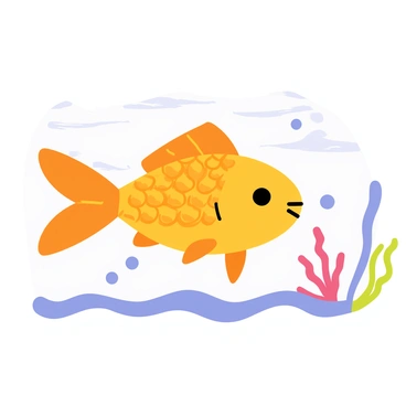 A goldfish with bright orange scales is swimming gracefully. The ocean is depicted with soft pastel waves in shades of light blue and pink. Gentle ripples create a serene pattern around the fish as it glides through the water. Small bubbles are rising from below, adding a whimsical touch to the scene. The background features hints of colorful coral and seaweed swaying gently with the current.