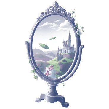 A large, ornate mirror stands vertically, its intricate frame decorated with swirling patterns and carvings that suggest a vintage style. The surface of the mirror reflects a vibrant, fantastical world filled with whimsical elements such as floating islands, majestic castles, and creatures that defy reality. The background features lush, rolling hills and a sky with swirling clouds, enhancing the dreamlike quality of the reflection. The frame of the mirror has elements of nature intertwined, such as vines and flowers, contributing to the magical theme of the scene.