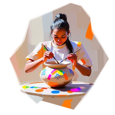 A close-up view of a tribal artist with rich brown skin and long hair pulled back, carefully painting intricate traditional motifs on a handmade clay pot. The pot features a smooth surface adorned with vibrant colors and patterns, showcasing the artist's skill and cultural heritage. The artist's focused expression is evident as they hold a fine brush in one hand, dipping it into a palette of natural pigments. The texture of the clay and the details of the motifs are highlighted, capturing the essence of the artistry involved in the creation of this traditional piece.