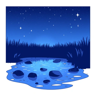 A duotone scene depicts a tranquil bog under a starry night sky, where the colors are rich and vibrant. The sky is filled with bright stars twinkling against a deep backdrop. The water of the bog reflects these stars, creating shimmering patterns across its surface. Silhouetted reeds and grasses line the edges of the bog, gently swaying in the night breeze. A few large stones are scattered throughout the bog, partially submerged, adding texture to the scene. The overall composition captures the serene beauty of nature at night.