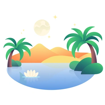 A tranquil oasis with clear blue water is surrounded by lush green palm trees. The moon is full and illuminating the scene with a soft glow, casting reflections on the water's surface. In the background, rolling sand dunes stretch endlessly, their golden grains contrasting with the vibrant greenery of the oasis. A few stars twinkle in the night sky, adding to the peaceful ambiance. A single white lotus flower floats gently on the water, completing the picturesque scene.