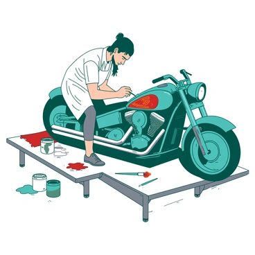 A teal motorcycle is positioned on a workshop table, showcasing its sleek design. An artist is focused on applying a custom paint job on the bike's tank, using bright colors to create an intricate pattern. The artist, wearing a white apron, is carefully holding a paintbrush, with splashes of red and orange paint visible on the table's surface. Various paint cans in different shades are scattered around, contributing to the lively atmosphere of the workshop. The bike's shiny chrome parts reflect the bright colors being applied, enhancing the entire scene.