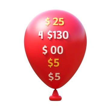 A balloon inflating with various prices written in bold letters across its surface. The balloon is bright red, emphasizing its presence. Each price is displayed in a different font and color, representing various goods and services. The balloon is surrounded by a subtle sheen, reflecting light in a way that highlights its round shape. The background is simple to ensure the focus remains on the balloon and the prices.