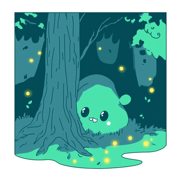 A teal doudou with a soft, plush texture is peeking out from behind a tall, ancient tree with a rough bark texture. The tree is surrounded by lush green foliage and vibrant, glowing fireflies illuminating the area with their delicate light. The forest has a magical atmosphere, with dappled light filtering through the leaves above, casting soft shadows on the ground. The doudou's eyes are wide with curiosity as it surveys its surroundings, while the fireflies flit around playfully in the enchanting twilight.
