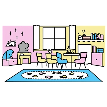A children's room with a colorful design. The walls are painted in soft pastel shades, creating a cheerful atmosphere. In the center of the room, there is a large tapis featuring various cartoon animals, including elephants, lions, and rabbits, all in bright colors. The furniture includes a small wooden table with matching chairs, each chair painted in different vibrant hues. Shelves on the walls are filled with children's books and toys, and a window lets in natural light, illuminating the playful decor.