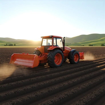 A bright red tractor with large tires and a shiny metal body is working in a vast field. The tractor is equipped with a powerful plow attachment at the rear, digging into the dark brown soil. Dust and small clumps of earth are being thrown up as the tractor moves forward. The sun casts a warm golden light over the landscape, highlighting the rows of freshly plowed earth behind the tractor. In the background, green hills stretch under a clear blue sky, completing the agricultural scene.