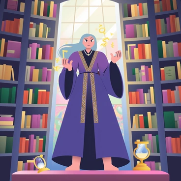 A powerful sorceress with long, flowing silver hair is standing in a mystical library. She is wearing a deep purple robe adorned with intricate gold patterns. Her right hand is raised, and glowing runes are dancing above her fingertips as she casts spells. Around her, towering shelves are filled with ancient books, their spines decorated with faded titles. Various mystical artifacts, such as a crystal ball and an ornate hourglass, are scattered on wooden tables. The library is illuminated by warm, dim light filtering through stained glass windows, casting colorful patterns across the room.