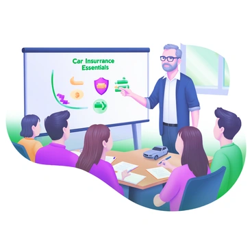 A driving school instructor explaining car insurance essentials to students