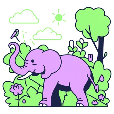 A cartoon elephant with large ears is standing in a vibrant jungle. Its trunk is raised high, playfully spraying water into the air. Surrounding the elephant are lush green leaves and a variety of purple flowers blooming among the foliage. In the background, towering trees with thick trunks stretch upwards, while a few colorful birds can be seen perched on branches. Sunlight filters through the leaves, creating a lively atmosphere in the jungle.