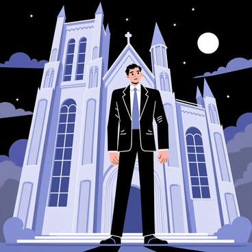 "Lucifer" stands confidently in front of a grand gothic cathedral. The cathedral features intricate stone carvings, tall spires, and large arched windows, illuminated by the moonlight. The night sky is dark with scattered clouds, and the full moon casts a silvery glow over the scene. "Lucifer" is depicted with striking features, wearing a dark, elegant suit that contrasts against the cathedral's light-colored stone. Shadows play across the ground, enhancing the mysterious atmosphere of the setting.