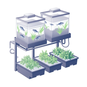 A modern aquaponics setup featuring transparent fish tanks filled with various species of fish. The tanks are positioned below a series of planted trays, where vibrant greenery flourishes with a rich assortment of leafy plants and herbs. The arrangement shows a sophisticated system of pipes and water channels connecting the tanks to the plant trays, illustrating the interaction between the aquatic and terrestrial components. The setup is housed in a well-lit environment, showcasing the growth of plants thriving above the water.