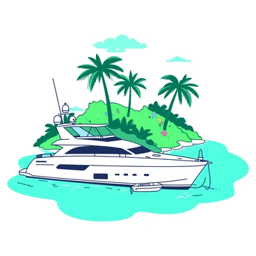 A white yacht is anchored in calm turquoise waters near a small tropical island. The island features lush greenery, with tall palm trees swaying gently in the breeze and vibrant green foliage covering the terrain. In the background, there are hints of colorful flowers peeking through the greenery. The sky above is clear, with a few wispy clouds scattered throughout. The yacht is sleek and modern, with its sails furled and a small dinghy tied to the side.