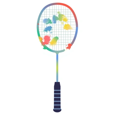 A badminton racket is displayed prominently in the center. The strings and frame of the racket are adorned with vibrant paint splatters in various colors including red, blue, yellow, and green. The handle of the racket is wrapped in a black grip, providing contrast to the colorful paint. The background features a light tone that complements the lively colors of the paint on the racket. The overall composition highlights the artistry of the paint splatters on the equipment.